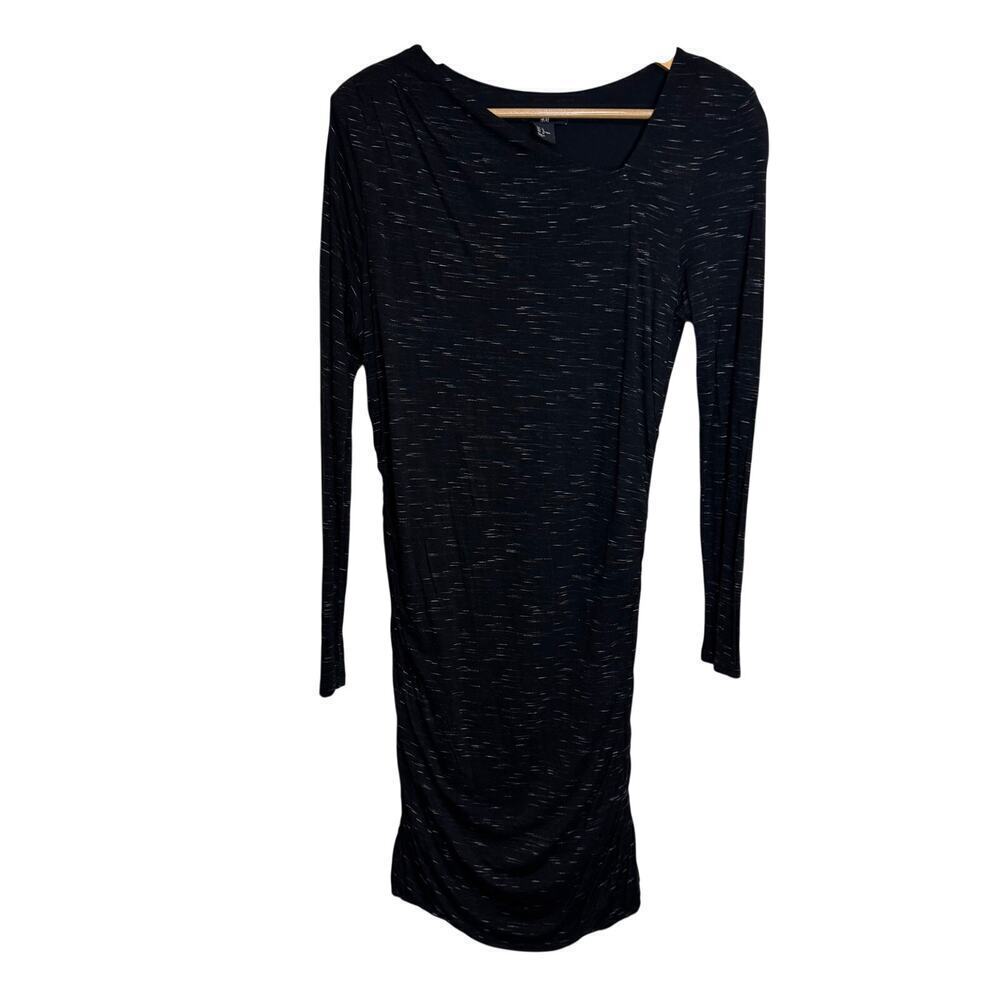 H&M Black Ruched Bodycon Midi Dress Long Sleeve Size M - Picture 2 of 8